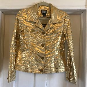 NWT gold animal print linen blend jean jacket